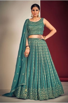 miroir lehenga choli en georgette bleu sarcelle LC6705