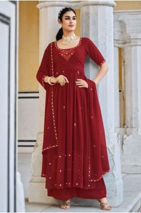 Costume Anarkali rouge en georgette brodé AS3589
