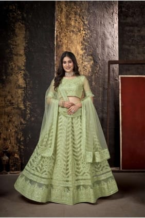 filet vert clair brodé lehenga choli avec dupatta LC6804