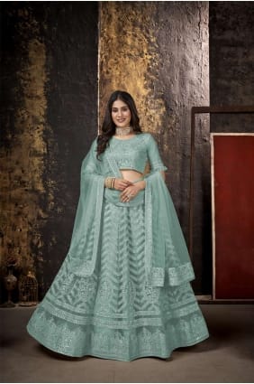 choli lehenga brodé en filet bleu ciel clair LC6805