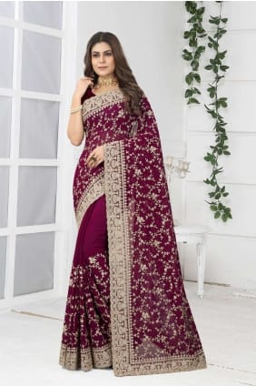 tenue de soirée vin saree avec georgette brodée SR24418