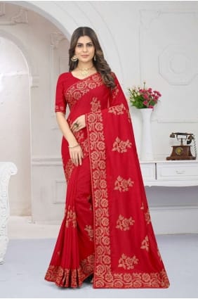sari brodé en soie rouge SR24438