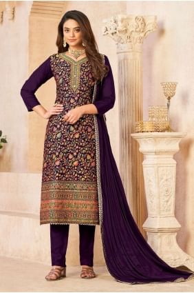 salwar kameez jacquard brodé en violet avec dupatta SK153214