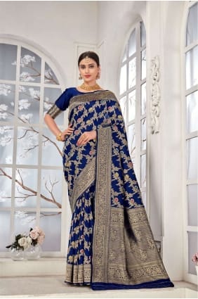 sari banarasi bleu en soie banarasi avec tissage SR24521