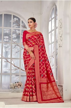 banarasi sari en soie banarasi rouge avec tissage SR24522