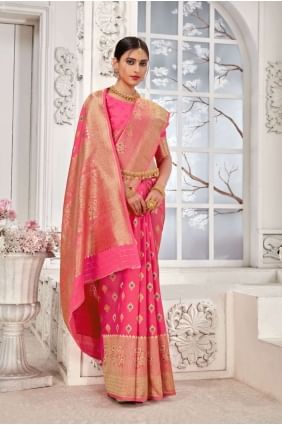 sari banarasi rose en soie banarasi avec tissage SR24525