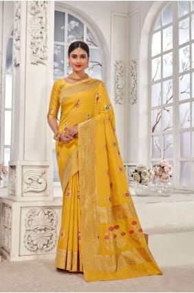 sari banarasi jaune en soie banarasi avec tissage SR24526