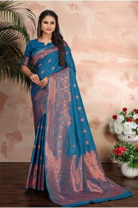 bleu ciel tissage banarasi soie banarasi sari SR24547