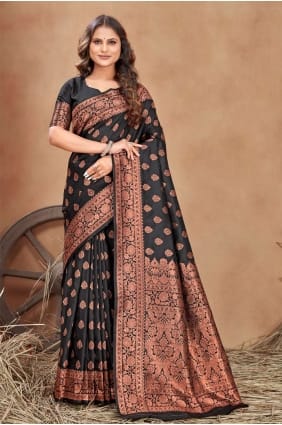 tissage banarasi soie banarasi sari en noir avec chemisier SR24548