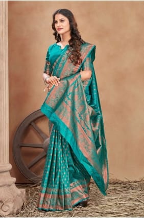 sari banarasi tissage turquoise en soie banarasi SR24554