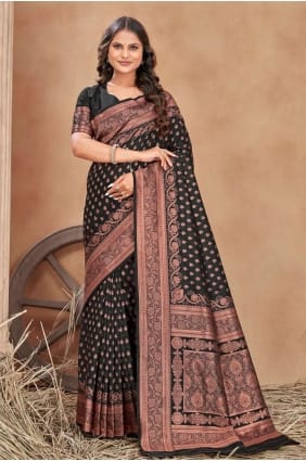 tissage banarasi soie banarasi sari en noir SR24555