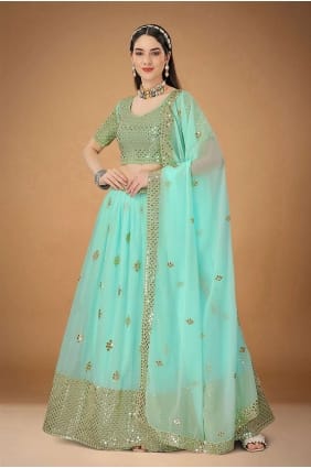 Georgette brodée mariage Lehenga Choli en bleu ciel avec dupatta LC6824