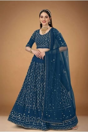 Mariage Lehenga Choli en georgette bleue avec broderie LC6828
