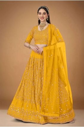mariage georgette lehenga choli avec brodé en jaune LC6842