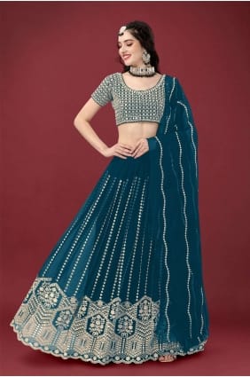 mariage bleu sarcelle lehenga choli en georgette brodé LC6850