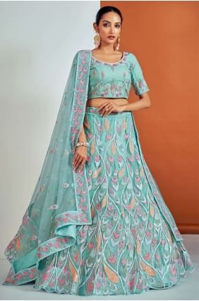net doux imprimé lehenga choli en turquoise LC6855