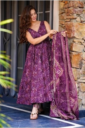 Ensemble Anarkali en mousseline avec imprimé numérique AS4150