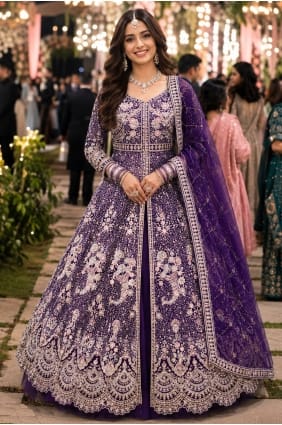 Anarkali violet en filet brodé AS4356