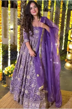 Ensemble Anarkali en soie violette avec sequins AS4214