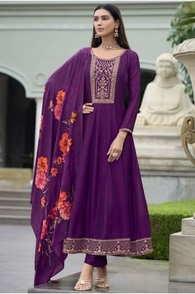 Anarkali brodée en soie violette AS4127