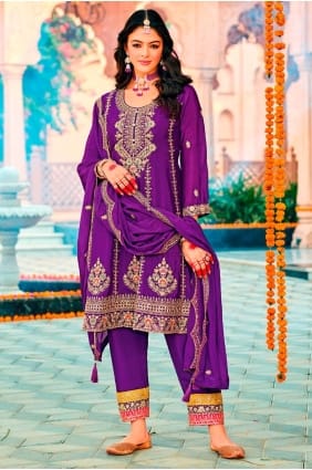 Salwar Kameez violet avec mousseline brodée SK155732