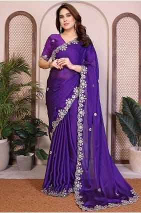 Sari violet en mousseline avec dentelle SR29545