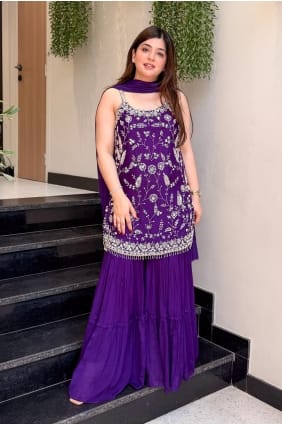 Ensemble Sharara en mousseline Chinon violette avec broderies SS1393