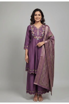 Ensemble Anarkali violet en coton brodé AS4164