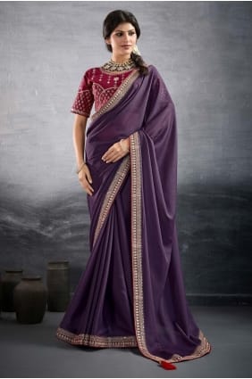 Sari violet brodé en georgette SR29220