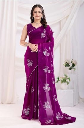 Sarari en satin jam brodé violet SR28171