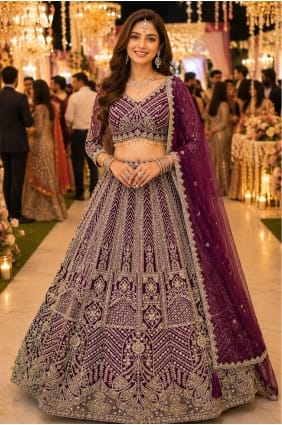 Lehenga Choli de soirée en filet brodé violet LC9077