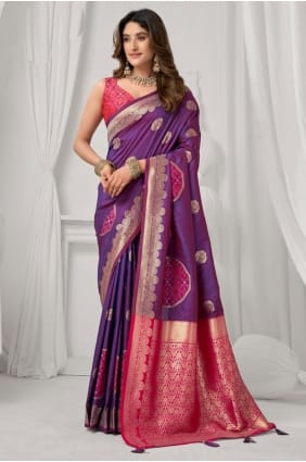 Sari en soie violette brodée SR29568