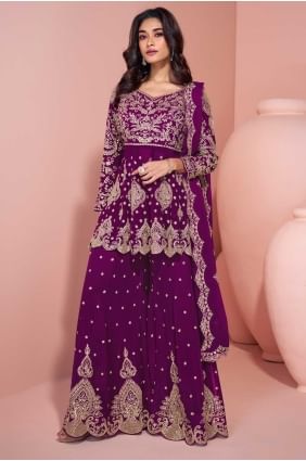 Costume Sharara violet en georgette avec broderies SS1260