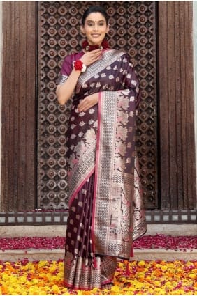 Sari violet en soie brodée avec chemisier assorti SR29225