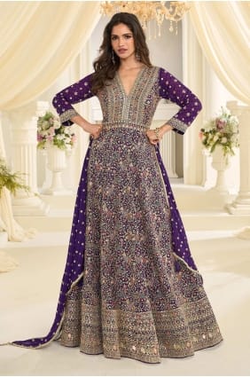 Robe longue en georgette brodée violette GW1292