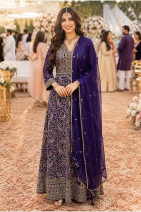 Robe longue violette brodée en georgette GW1294