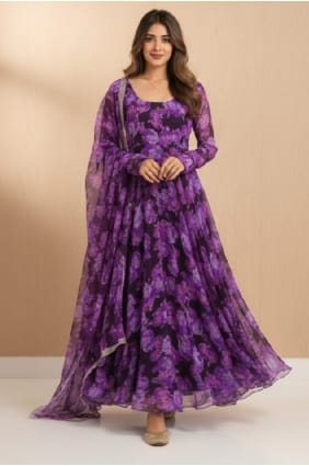 Robe longue imprimée en georgette violette avec dupatta GW1213