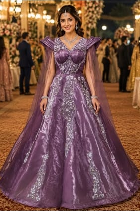 Robe longue en tulle violet brodée GW1297