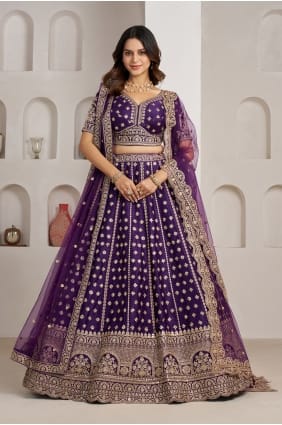 Lehenga Choli en soie violette faite à la main LC9099