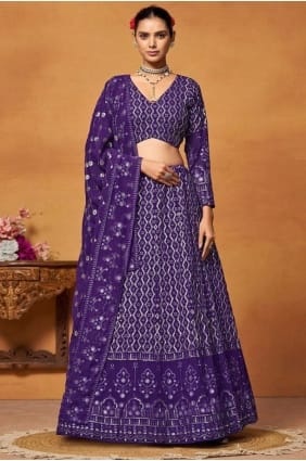 Lehenga Choli en georgette synthétique brodée de violet LC8874