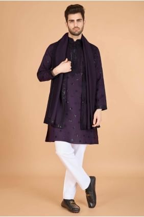 kurta violet pour homme en viscose brodée KURR509