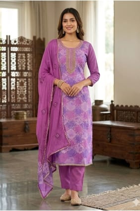 Salwar Kameez en mousseline imprimée violette SK159110