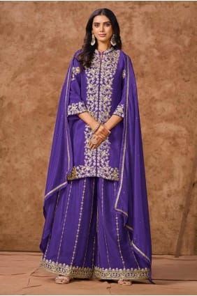 costume palazzo violet en mousseline avec broderies PZ4123