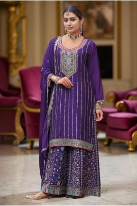 Costume Palazzo en mousseline tissée violette avec dupatta PZ4201