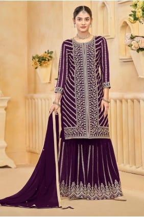 tailleur palazzo violet en fausse georgette avec broderies PZ4134