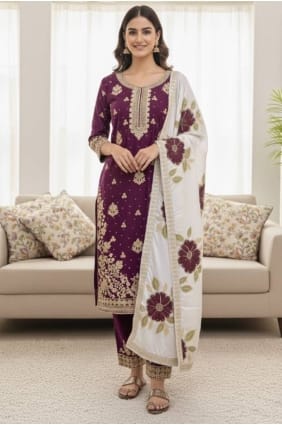 Ensemble palazzo violet en soie à sequins avec dupatta pour l'Aïd PZ4308