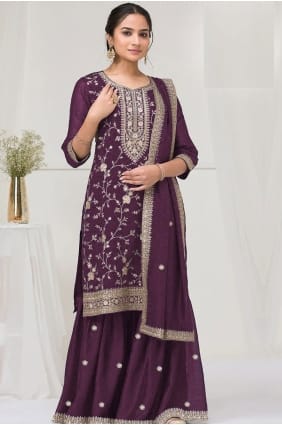 Ensemble palazzo violet en soie brodée avec dupatta PZ4213