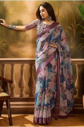 Sari en lin violet imprimé SR29323