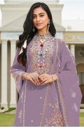 Salwar Kameez violet en coton brodé avec dupatta SK15703