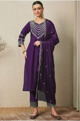 Salwar Kameez en soie à fil violet pour l'Aïd SK155959